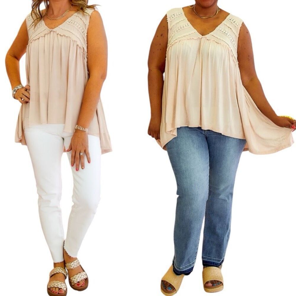 POL Tank Beige Lace Trim Boho Babydoll Sleeveless Top Ruffle Raw Edge Detail NEW - Picture 9 of 13